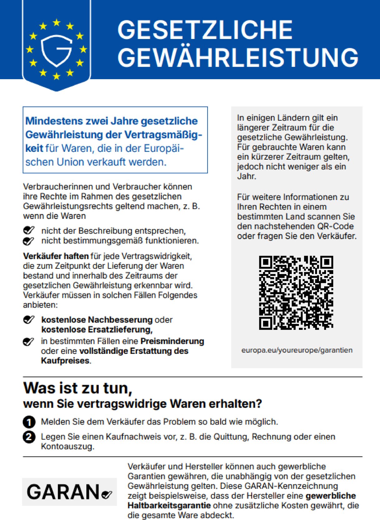 Informationsblatt zur gesetzlichen Gewährleistung in der Europäischen Union: mindestens zwei Jahre Gewährleistung für Waren, Verbraucherrechte bei mangelhaften Produkten sowie Hinweise zu Reparatur, Ersatz, Preisminderung und Erstattung.